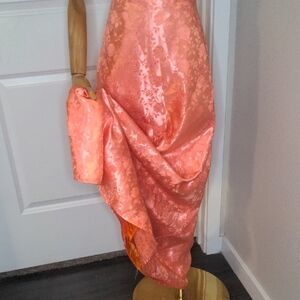 Vintage 60s Elegant Satin Jacquard Skirt Salmon Pink Wedding Formal SZ L